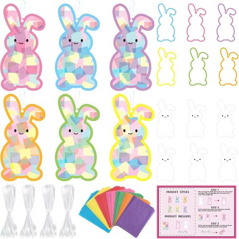 Funrous 48 مجموعة من الحرف اليدوية لعيد الفصح - مجموعة أدوات صنع أرنب Suncatchers اليدوية، ملصقات بطاقات على شكل أرنب مناديل ورقية، زينة عيد الفصح، زينة معلقة لفصل الربيع، أنشطة الفصل الدراسي، مستلزمات ديكور الحفلات in Kuwait