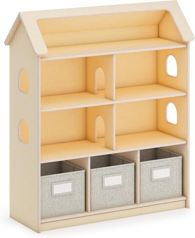 خزانة كتب Guidecraft EdQ Dollhouse - طبيعية: أرفف منظمة خشبية للأطفال مع صناديق تخزين قابلة للإزالة للكتب والدمى واللوازم المدرسية | أثاث غرف نوم الأطفال والفصول الدراسية in Kuwait