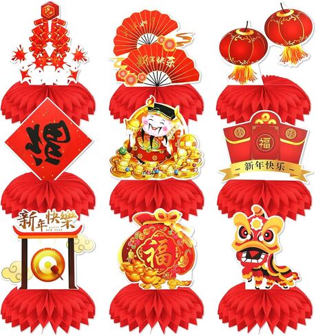 HOWAF 9 Pcs Chinese New Year Honeycomb Centerpiece, Lunar New Year Table Topper for Chinese New Year Decorations, 3D Spring Festival Lanterns Table Party Supplies New Year Table Toppers in Saudi Arabia