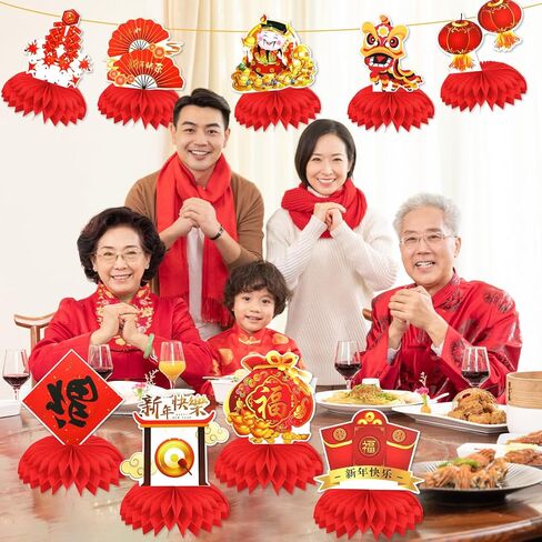 HOWAF 9 Pcs Chinese New Year Honeycomb Centerpiece, Lunar New Year Table Topper for Chinese New Year Decorations, 3D Spring Festival Lanterns Table Party Supplies New Year Table Toppers in Saudi Arabia