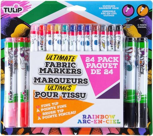 Tulip Fine Tip & Brush Tip Permanent Fabric Markers Ultimate Rainbow Pack, 24 Colors, Non-Toxic in Saudi Arabia