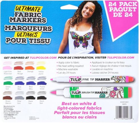 Tulip Fine Tip & Brush Tip Permanent Fabric Markers Ultimate Rainbow Pack, 24 Colors, Non-Toxic in Saudi Arabia