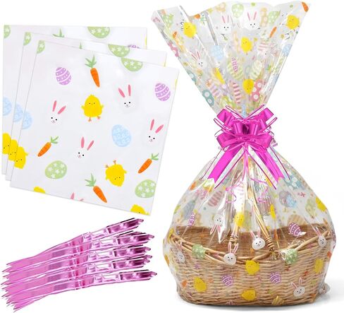Gift Boutique Easter Plastic Jumbo Cellophane Basket Bags with Twist Ties Set of 10 Large Cello Wrap Favor 35" x 47" Spring Cookie Eggs Wrapping Gifts in Saudi Arabia
