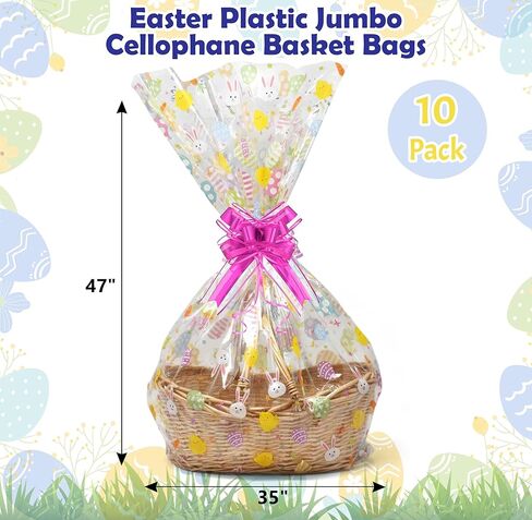 Gift Boutique Easter Plastic Jumbo Cellophane Basket Bags with Twist Ties Set of 10 Large Cello Wrap Favor 35" x 47" Spring Cookie Eggs Wrapping Gifts in Saudi Arabia
