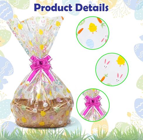 Gift Boutique Easter Plastic Jumbo Cellophane Basket Bags with Twist Ties Set of 10 Large Cello Wrap Favor 35" x 47" Spring Cookie Eggs Wrapping Gifts in Saudi Arabia