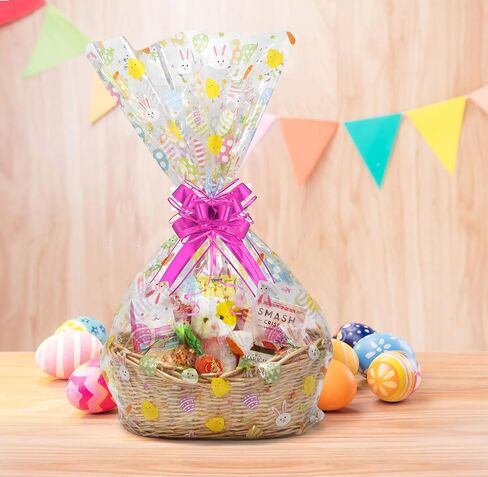Gift Boutique Easter Plastic Jumbo Cellophane Basket Bags with Twist Ties Set of 10 Large Cello Wrap Favor 35" x 47" Spring Cookie Eggs Wrapping Gifts in Saudi Arabia