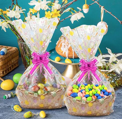 Gift Boutique Easter Plastic Jumbo Cellophane Basket Bags with Twist Ties Set of 10 Large Cello Wrap Favor 35" x 47" Spring Cookie Eggs Wrapping Gifts in Saudi Arabia