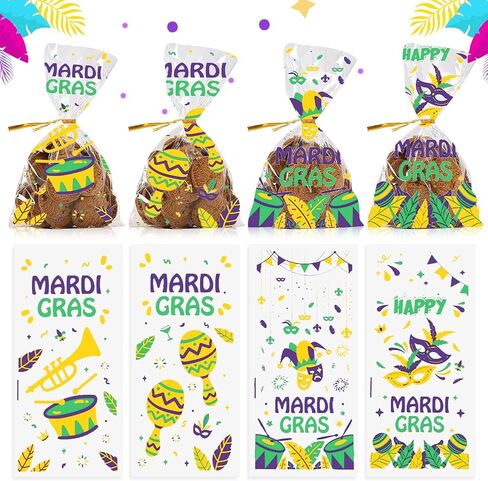 100 Pieces Mardi Gras Cellophane Gift Bags Mardi Gras Candy Bags Carnival Parade Words Masks Cellophane Treat Bags Plastic OPP Bags with 100 Twist Ties for Cookies Candy Mardi Gras Party Decoration in Saudi Arabia