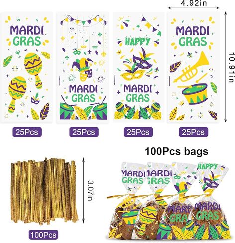 100 Pieces Mardi Gras Cellophane Gift Bags Mardi Gras Candy Bags Carnival Parade Words Masks Cellophane Treat Bags Plastic OPP Bags with 100 Twist Ties for Cookies Candy Mardi Gras Party Decoration in Saudi Arabia