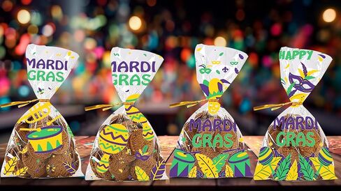100 Pieces Mardi Gras Cellophane Gift Bags Mardi Gras Candy Bags Carnival Parade Words Masks Cellophane Treat Bags Plastic OPP Bags with 100 Twist Ties for Cookies Candy Mardi Gras Party Decoration in Saudi Arabia