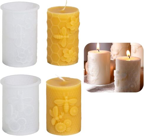 Bee Candle Mold 2PCS, Honeycomb & Flower Cylinder Silicone Molds for Candle Making, Resin, Soap - Beeswax Candle Molds DIY Kit for Unique Home Decor & Gifts in Saudi Arabia