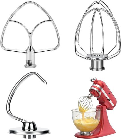 مجموعة ملحقات من الفولاذ المقاوم للصدأ مكونة من 3 قطع لخلاط حامل رأس مائل سعة 4.5-5 لتر من KitchenAid، تتضمن مضرب مسطح K45B وخطاف عجين K45DH وسوط سلك K45WW، آمن للاستخدام في غسالة الأطباق وشديد التحمل in Kuwait