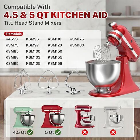 مجموعة ملحقات من الفولاذ المقاوم للصدأ مكونة من 3 قطع لخلاط حامل رأس مائل سعة 4.5-5 لتر من KitchenAid، تتضمن مضرب مسطح K45B وخطاف عجين K45DH وسوط سلك K45WW، آمن للاستخدام في غسالة الأطباق وشديد التحمل in Kuwait