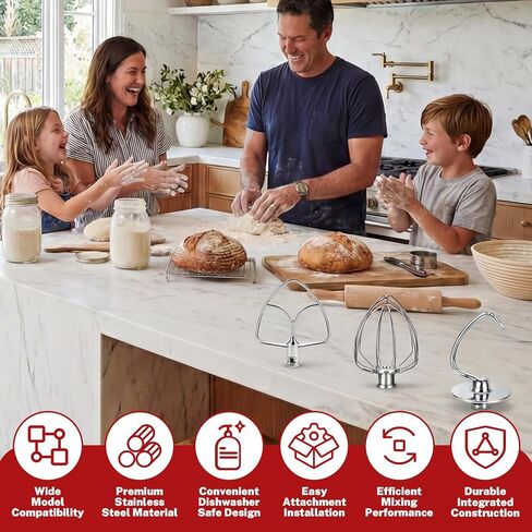 مجموعة ملحقات من الفولاذ المقاوم للصدأ مكونة من 3 قطع لخلاط حامل رأس مائل سعة 4.5-5 لتر من KitchenAid، تتضمن مضرب مسطح K45B وخطاف عجين K45DH وسوط سلك K45WW، آمن للاستخدام في غسالة الأطباق وشديد التحمل in Kuwait