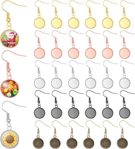 30 Pcs Round Earrings Wire Hooks Blanks, 12 mm Stainless Steel Cabochon Setting Earring Bezel with Wire Hooks for DIY Custom Jewelry Making, Unfinished Metal Blanks Earring Backs for Craft Projects in Saudi Arabia