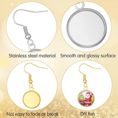 30 Pcs Round Earrings Wire Hooks Blanks, 12 mm Stainless Steel Cabochon Setting Earring Bezel with Wire Hooks for DIY Custom Jewelry Making, Unfinished Metal Blanks Earring Backs for Craft Projects in Saudi Arabia