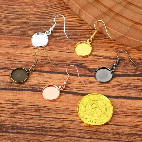 30 Pcs Round Earrings Wire Hooks Blanks, 12 mm Stainless Steel Cabochon Setting Earring Bezel with Wire Hooks for DIY Custom Jewelry Making, Unfinished Metal Blanks Earring Backs for Craft Projects in Saudi Arabia