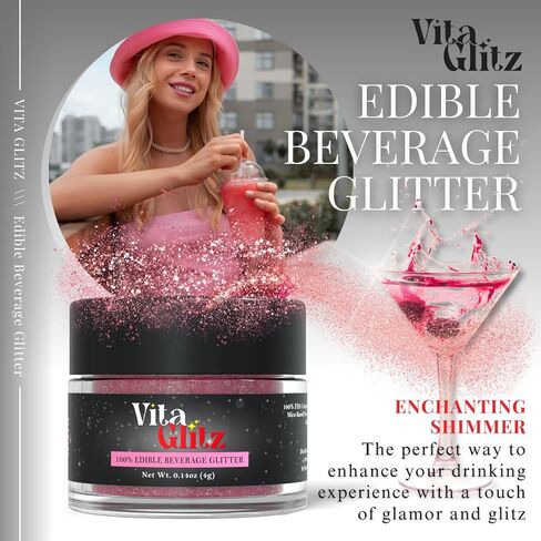 VitaGlitz الصالحة للأكل جليتر 4 جرام، بريق الشراب للكوكتيلات والموكتيلات والمشروبات. تزيين الطعام برش الغبار للمشروبات وتزيين الكيك والنبيذ والشوكولاتة. جليمر داست رومانتيك شيمر (وردي) in Saudi Arabia
