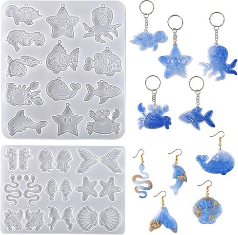2PCS Ocean Style Resin Earring Molds,Ocean Series Shell Turtle Crab Shrimp Dolphin Pendant Silicone Molds, DIY Art Craft JewelryMaking Supplies (Blue) in Saudi Arabia