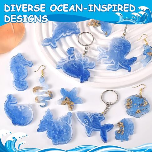 2PCS Ocean Style Resin Earring Molds,Ocean Series Shell Turtle Crab Shrimp Dolphin Pendant Silicone Molds, DIY Art Craft JewelryMaking Supplies (Blue) in Saudi Arabia