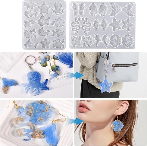 2PCS Ocean Style Resin Earring Molds,Ocean Series Shell Turtle Crab Shrimp Dolphin Pendant Silicone Molds, DIY Art Craft JewelryMaking Supplies (Blue) in Saudi Arabia