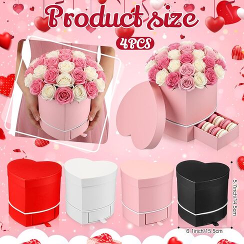 Fullhawl 4 Pack Heart Shaped Flower Box with Drawer,6.1" Valentine's Day Gift Box for Roses, Jewelry, Proposals,Weddings, Romantic Floral Arrangement for Birthdays,Anniversaries in Saudi Arabia