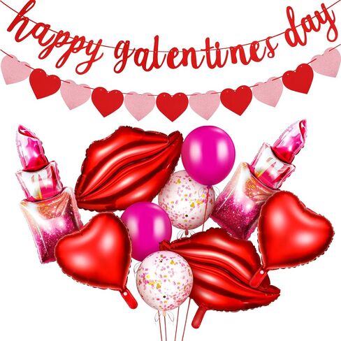 Sumind 12 Pcs Galentines Day Decorations Galentines Balloons Kit Red Lips Lipstick Round Balloons Pink Red Heart Happy Galentine's Day Glitter Banner Glitter Hearts Garland Ladies Party Decor Supplies in Saudi Arabia