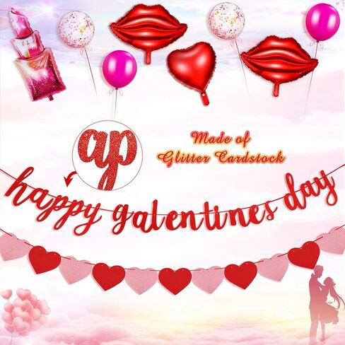 Sumind 12 Pcs Galentines Day Decorations Galentines Balloons Kit Red Lips Lipstick Round Balloons Pink Red Heart Happy Galentine's Day Glitter Banner Glitter Hearts Garland Ladies Party Decor Supplies in Saudi Arabia
