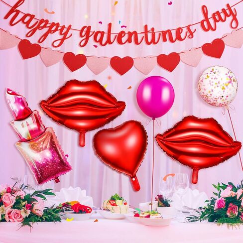Sumind 12 Pcs Galentines Day Decorations Galentines Balloons Kit Red Lips Lipstick Round Balloons Pink Red Heart Happy Galentine's Day Glitter Banner Glitter Hearts Garland Ladies Party Decor Supplies in Saudi Arabia