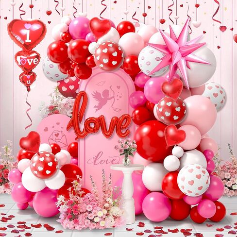 Valentine's Day Balloon Arch Kit, 220Pcs Valentines Day Decorations with Red Pink White Heart Lip Print Balloons & "I Love You" Love Heart Aluminum Balloons for Valentine Party Wedding Anniversary in Saudi Arabia