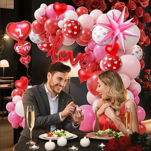 Valentine's Day Balloon Arch Kit, 220Pcs Valentines Day Decorations with Red Pink White Heart Lip Print Balloons & "I Love You" Love Heart Aluminum Balloons for Valentine Party Wedding Anniversary in Saudi Arabia