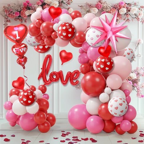 Valentine's Day Balloon Arch Kit, 220Pcs Valentines Day Decorations with Red Pink White Heart Lip Print Balloons & "I Love You" Love Heart Aluminum Balloons for Valentine Party Wedding Anniversary in Saudi Arabia