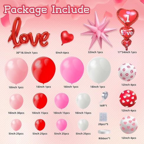 Valentine's Day Balloon Arch Kit, 220Pcs Valentines Day Decorations with Red Pink White Heart Lip Print Balloons & "I Love You" Love Heart Aluminum Balloons for Valentine Party Wedding Anniversary in Saudi Arabia