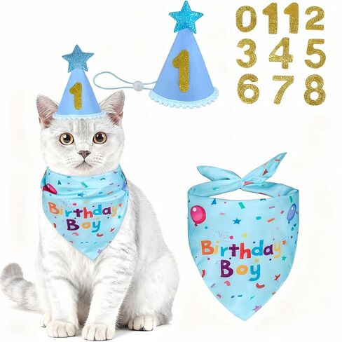 Pet Birthday Party Set: Large Blue Dog Birthday Bandana Scarf & Adjustable Party Hat with Number Inserts, Fun Celebration Accessories for Dogs, Cats (Small) in Saudi Arabia