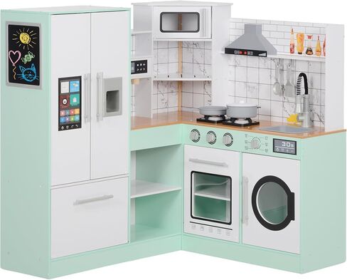 Qaba Corner Pretend Play Kitchen, Kids Toy Kitchen Playset with Chalkboard, Range Hood, Ice Maker, Stove, Refrigerator Microwave, Realistic Sound & Lights, Pots, Gift for Toddlers Ages 3+ Years Old in Saudi Arabia