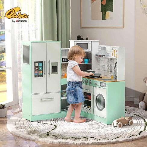 Qaba Corner Pretend Play Kitchen, Kids Toy Kitchen Playset with Chalkboard, Range Hood, Ice Maker, Stove, Refrigerator Microwave, Realistic Sound & Lights, Pots, Gift for Toddlers Ages 3+ Years Old in Saudi Arabia