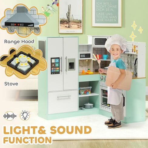 Qaba Corner Pretend Play Kitchen, Kids Toy Kitchen Playset with Chalkboard, Range Hood, Ice Maker, Stove, Refrigerator Microwave, Realistic Sound & Lights, Pots, Gift for Toddlers Ages 3+ Years Old in Saudi Arabia
