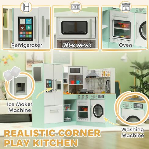 Qaba Corner Pretend Play Kitchen, Kids Toy Kitchen Playset with Chalkboard, Range Hood, Ice Maker, Stove, Refrigerator Microwave, Realistic Sound & Lights, Pots, Gift for Toddlers Ages 3+ Years Old in Saudi Arabia