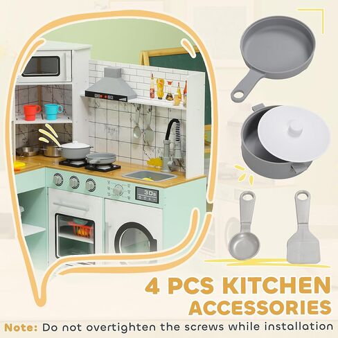 Qaba Corner Pretend Play Kitchen, Kids Toy Kitchen Playset with Chalkboard, Range Hood, Ice Maker, Stove, Refrigerator Microwave, Realistic Sound & Lights, Pots, Gift for Toddlers Ages 3+ Years Old in Saudi Arabia