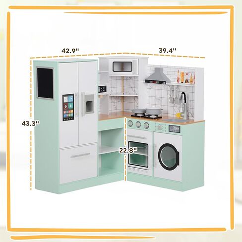 Qaba Corner Pretend Play Kitchen, Kids Toy Kitchen Playset with Chalkboard, Range Hood, Ice Maker, Stove, Refrigerator Microwave, Realistic Sound & Lights, Pots, Gift for Toddlers Ages 3+ Years Old in Saudi Arabia