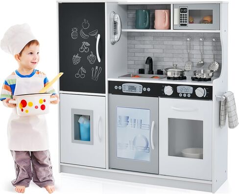 OLAKIDS Kids Kitchen Playset, Toddler Wooden Pretend Cooking Set with Sounds Chalkboard Fridge Ice Maker Microwave Oven Stove Telephone Sink, Simulation Chef Play Toy Gift (Pink) in Kuwait