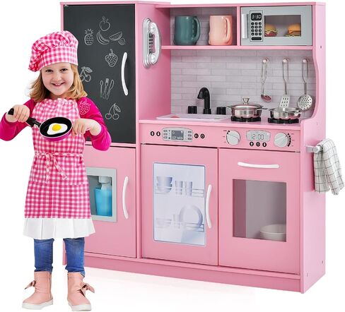 مجموعة ألعاب المطبخ للأطفال من OLAKIDS، مجموعة طبخ خشبية للأطفال الصغار مع أصوات سبورة وثلاجة وصانعة ثلج وميكروويف وموقد وحوض هاتف، هدية لعبة محاكاة الشيف (وردي) in Saudi Arabia
