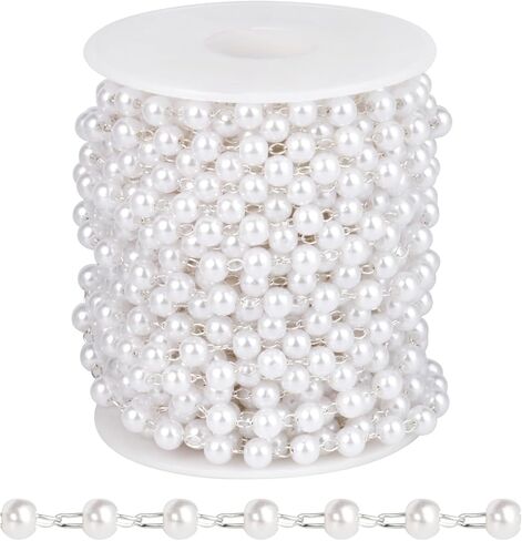 [33 FT] Silver Plated Pearl Beads Chain Bulk for Jewelry Making, 3mm Pearls Beaded Brass Oval Link Chains Roll Spool for DIY Craft Jewelry Making in Saudi Arabia