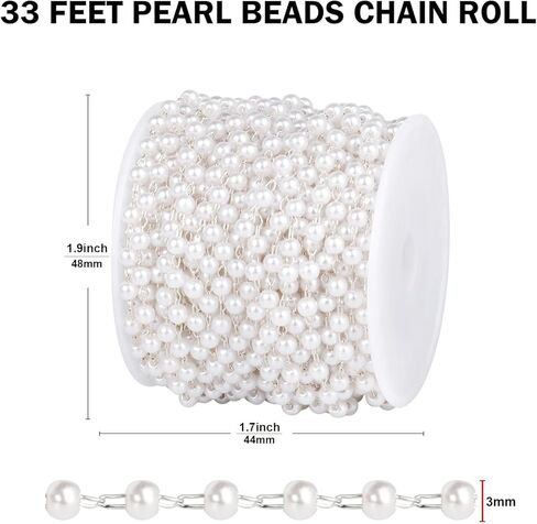 [33 FT] Silver Plated Pearl Beads Chain Bulk for Jewelry Making, 3mm Pearls Beaded Brass Oval Link Chains Roll Spool for DIY Craft Jewelry Making in Saudi Arabia