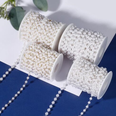[33 FT] Silver Plated Pearl Beads Chain Bulk for Jewelry Making, 3mm Pearls Beaded Brass Oval Link Chains Roll Spool for DIY Craft Jewelry Making in Saudi Arabia