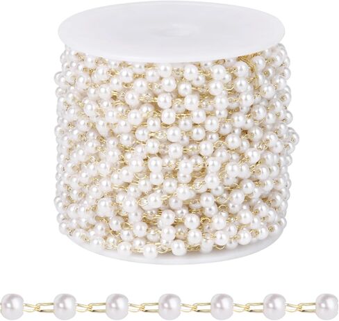 [33 FT] Silver Plated Pearl Beads Chain Bulk for Jewelry Making, 3mm Pearls Beaded Brass Oval Link Chains Roll Spool for DIY Craft Jewelry Making in Saudi Arabia