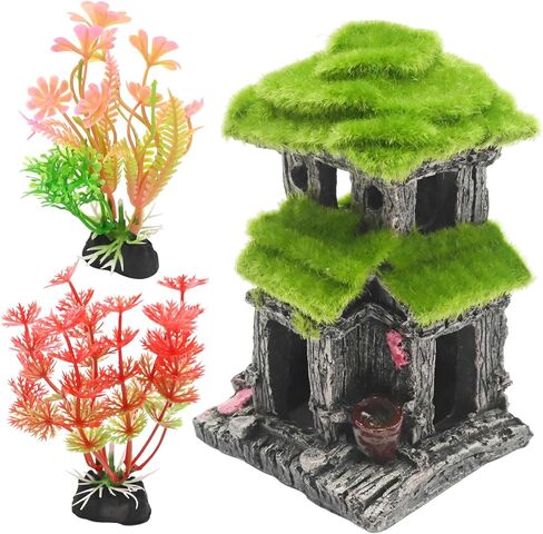 Realistic Aquarium Decor, Simulated Moss Fish House, Double-Layer Hiding Spot for Tropical Fish Tanks Includes 2 Artificial Plants in Saudi Arabia