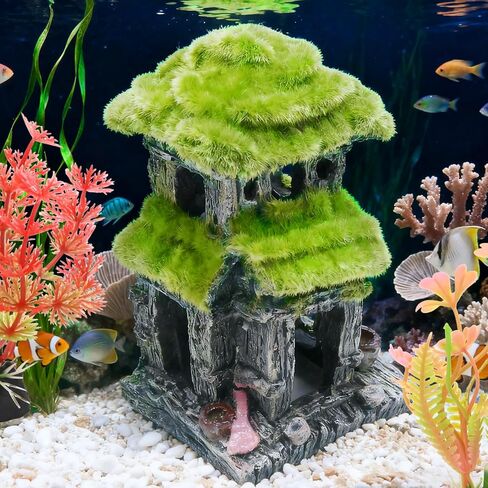 Realistic Aquarium Decor, Simulated Moss Fish House, Double-Layer Hiding Spot for Tropical Fish Tanks Includes 2 Artificial Plants in Saudi Arabia