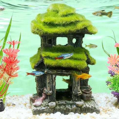 Realistic Aquarium Decor, Simulated Moss Fish House, Double-Layer Hiding Spot for Tropical Fish Tanks Includes 2 Artificial Plants in Saudi Arabia