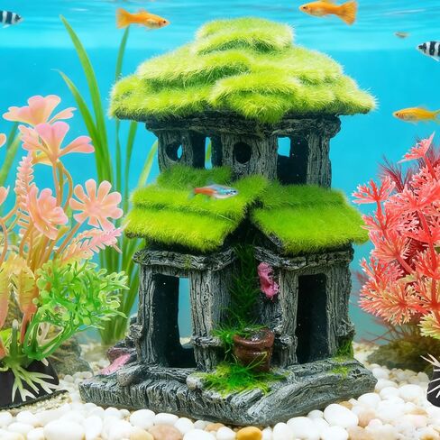 Realistic Aquarium Decor, Simulated Moss Fish House, Double-Layer Hiding Spot for Tropical Fish Tanks Includes 2 Artificial Plants in Saudi Arabia